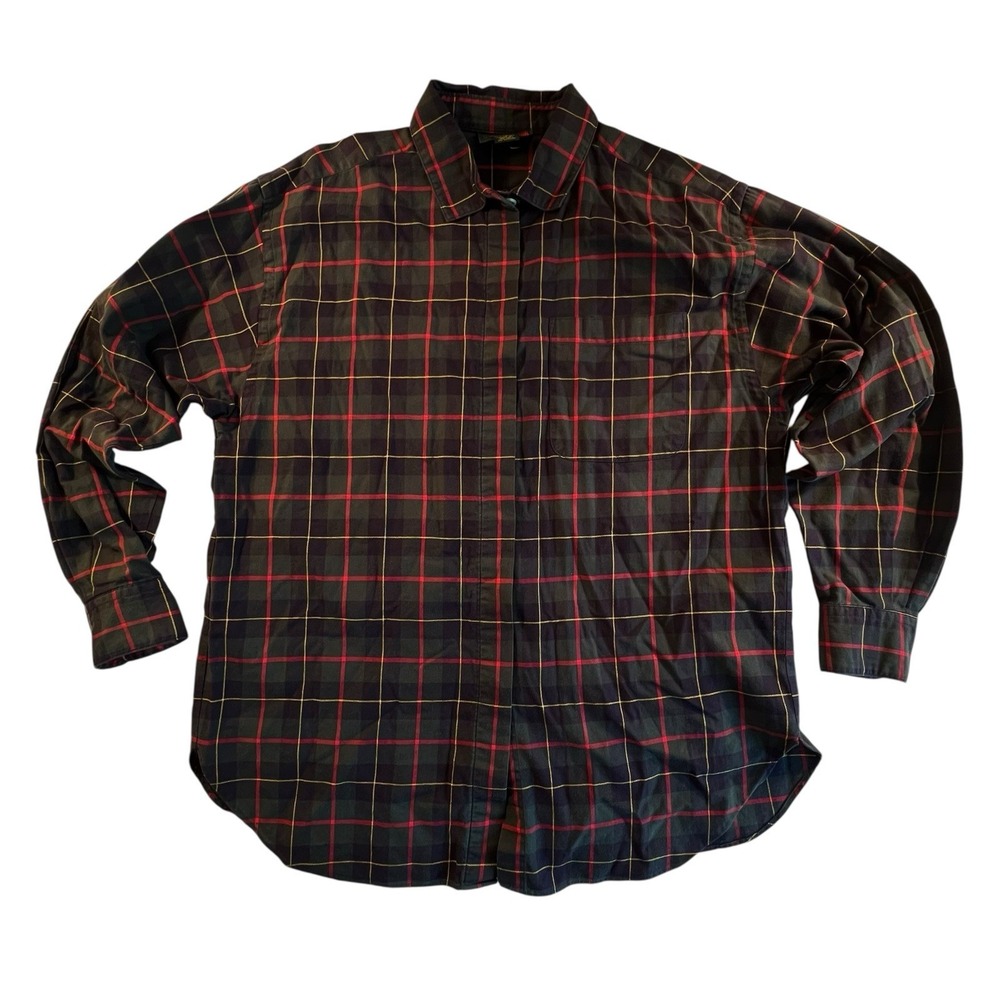 Charter Club Size 14 Plaid Cotton Long Sleeve Top Womens Button-Up Shirt Green